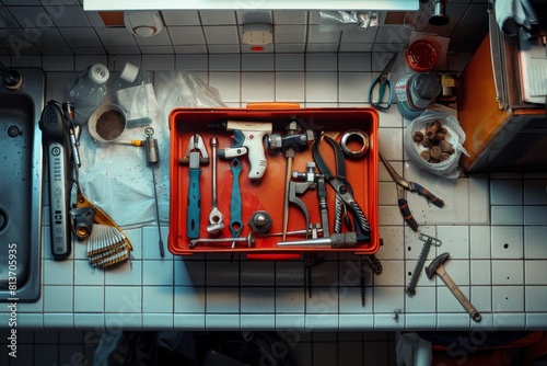 Many tools in a red box on a tiled counter. Plumber concept 
