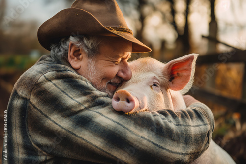 Farm Life. A cowboy in a hat embraces a fawncolored domestic pig in a grassy landscape. Generative AI photo