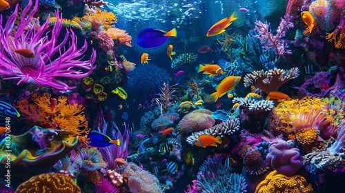 Underwater world. Tropical fishes swim near a beautiful coral reef. A variety of marine life.