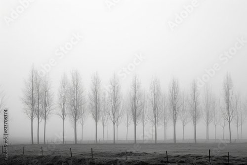 Wallpaper Mural A minimalist landscape photograph capturing the layered patterns of trees receding into the distance on a foggy morning, with their soft silhouettes and muted tones. Torontodigital.ca