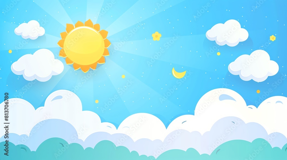 Clear sky flat design top view, sunny day theme, cartoon drawing, Analogous Color Scheme Clear sky flat design top view, sunny day theme, cartoon drawing, Analogous Color Scheme