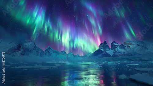 Vivid Northern Lights dancing over snowy mountains in green and purple hues