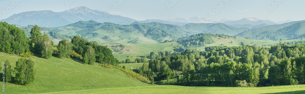 View of mountains in spring, greenery of forests and meadows, panoramic view	