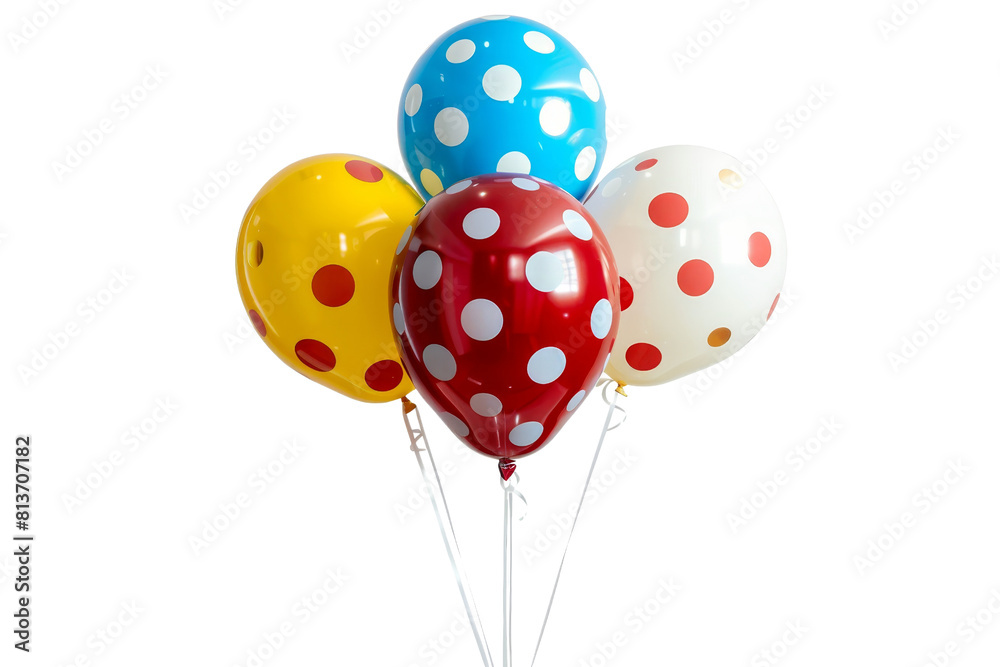 A bunch of colorful balloons with polka dots. The balloons are in different colors and sizes, and they are all tied together. Concept of fun and celebration A bunch of colorful balloons with polka dots. The balloons are in different colors and sizes, and they are all tied together. Concept of fun and celebration