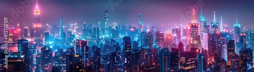 Neonlit cityscape from a rooftop front view overlooking a bustling metropolis cybernetic tone vivid.