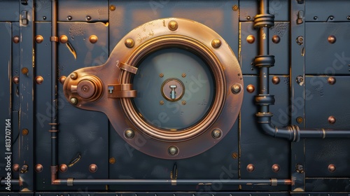 Metal door with porthole on wall with pipes, valves and rivets. Bunker close entrance. Ship or secret laboratory steel bulletproof doorway with illuminator and rotating lock wheel realistic 3D modern photo