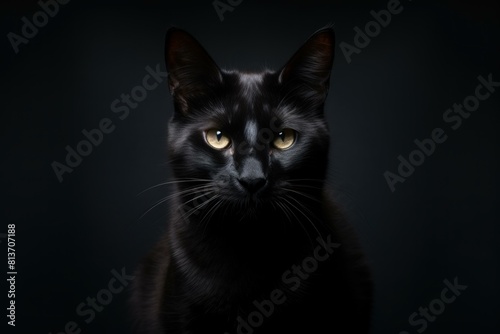 Portrait of a sleek black cat with captivating yellow eyes against a dark backdrop