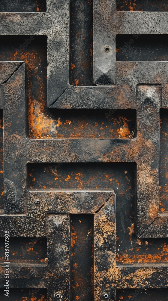 Detailed view of a weathered, rusty metal plate with peeling paint and visible corrosion