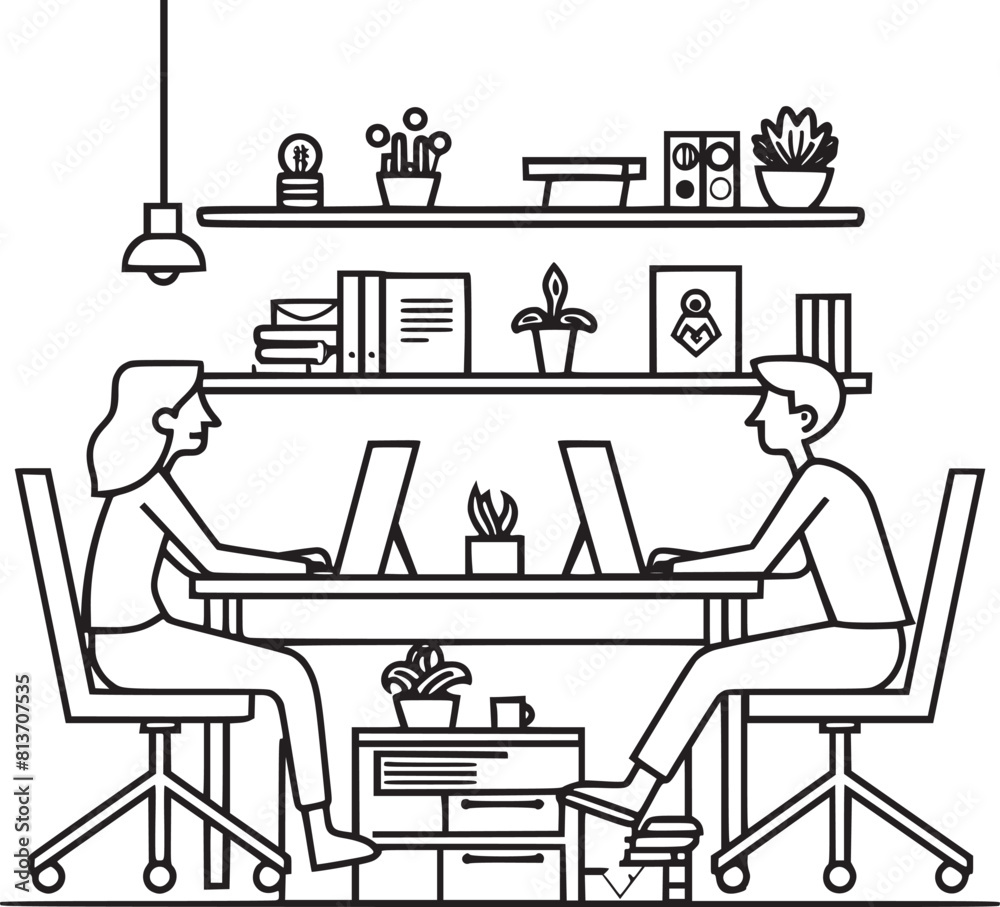 People are working in the office graphic black white interior sketch illustration vector