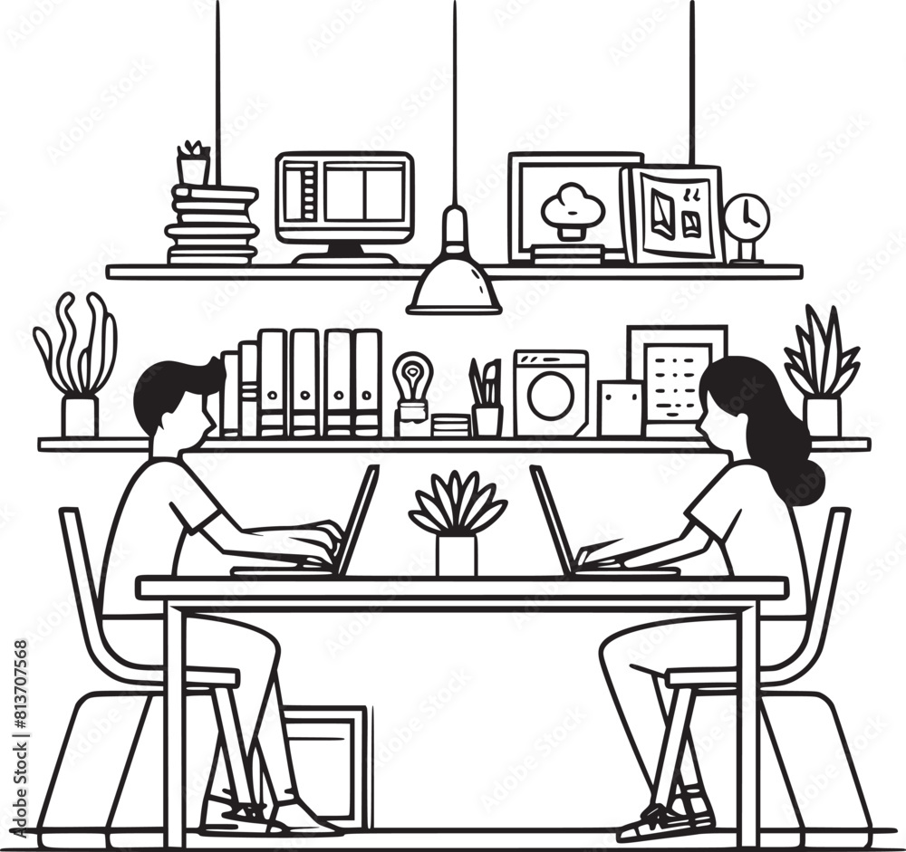 Fototapeta premium People are working in the office graphic black white interior sketch illustration vector