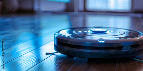 Futuristic robot vacuum cleaner with innovative controls removes dust on the floor.  Futuristic robot vacuum cleaner with innovative controls removes dust on the floor. Modern technologies. photo