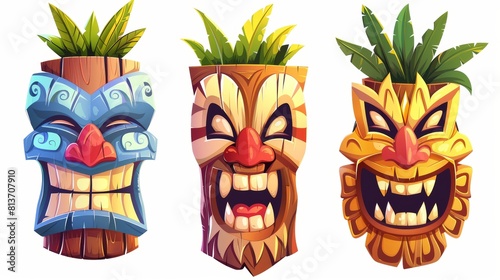 Hawaiian or Polynesian style attributes, tiki masks, tribal wooden totems, scary faces with toothy mouths, decorated with leaves isolated on white background. Cartoon modern illustration.