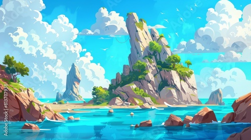 An ocean shore with mountains in water is framed with clouds in a blue sky. This modern cartoon shows a summer seascape with a rock island with green trees and stones. photo