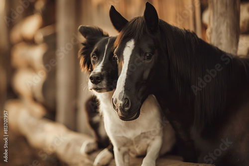 Farm Life. A dog sits on a tree trunk and a black horse stands next to it. Generative AI