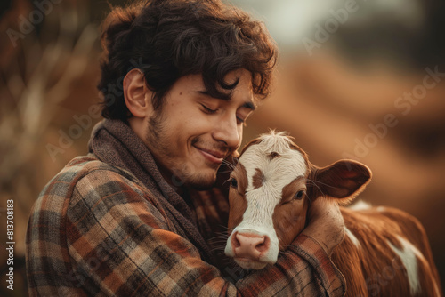 Happy man smiling while hugging a calf in grassy field. Generative AI
