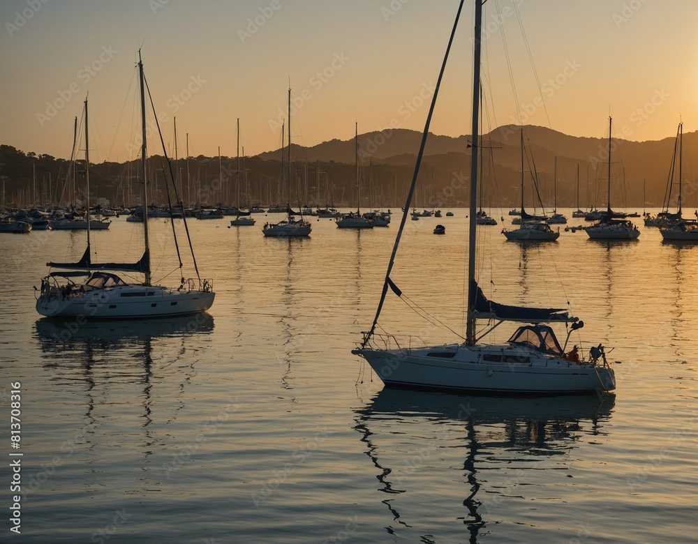 A tranquil bay dotted with sailboats at anchr, their masts silhouetted against the golden light of sunset