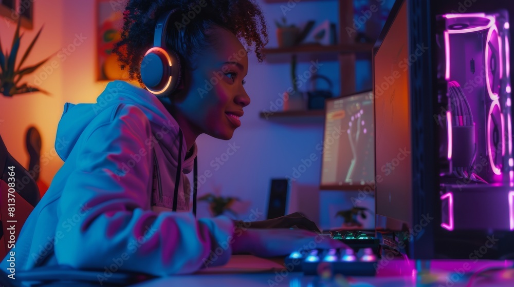 This is a pretty black gamer girl playing an online video game on her personal computer. Her room and PC have warm neon lights. It's a cozy evening at home. This is a pretty black gamer girl playing an online video game on her personal computer. Her room and PC have warm neon lights. It's a cozy evening at home.