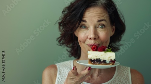 A Woman with a Delicious Cheesecake photo