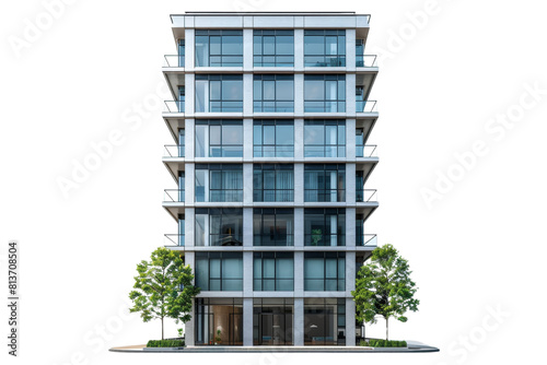 A tall building with a lot of windows and a green tree in front of it