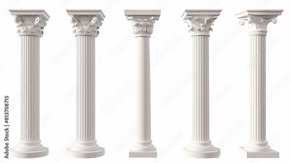 Realistic 3D modern mockup of antique pillars isolated on white background. Classic stone columns with twisted and groove ornament for interior facade design. Realistic 3D modern mockup of antique pillars isolated on white background. Classic stone columns with twisted and groove ornament for interior facade design.