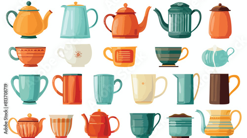 Collage of teapots and cups of hot drink on white background