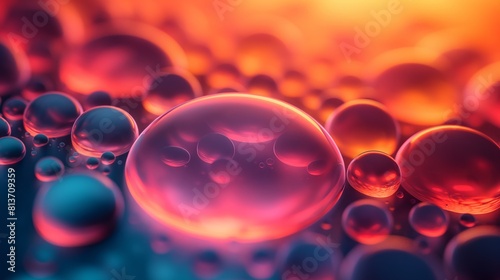 Detailed view of water bubbles clustered on a surface against a blurred background