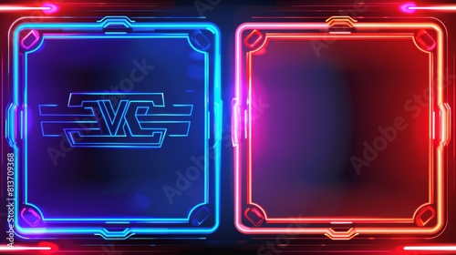 VS screen design with shiny neon frames for game battles, sport competition and challenge. Modern template with glowing blue and red VS symbols for mma or boxing matches. photo