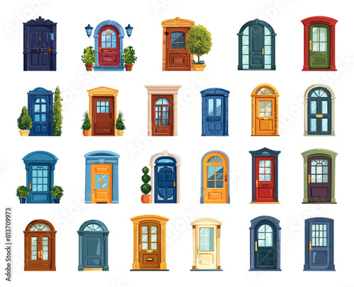 Cartoon Front Doors Set. Various Types in Simple Flat Style. Entrance Doors Icons Isolated on White Background. Home, House, Exterior, Entry, Architecture, Building