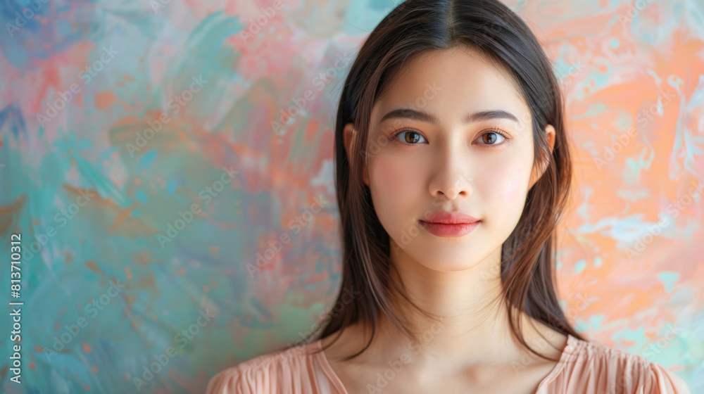 Straight-haired female in career attire against soft pastel backdrop.