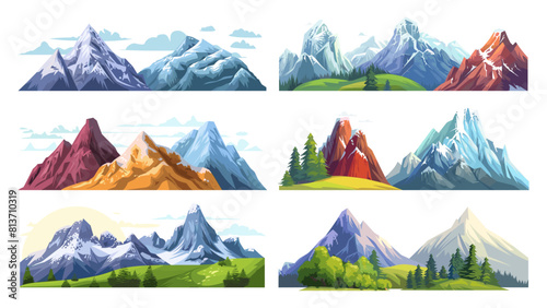 Cartoon Mountains Set. Various Biomes, Peaks, Ranges. Isolated Vector Illustrations in Simple Flat Style on White Backgrounds