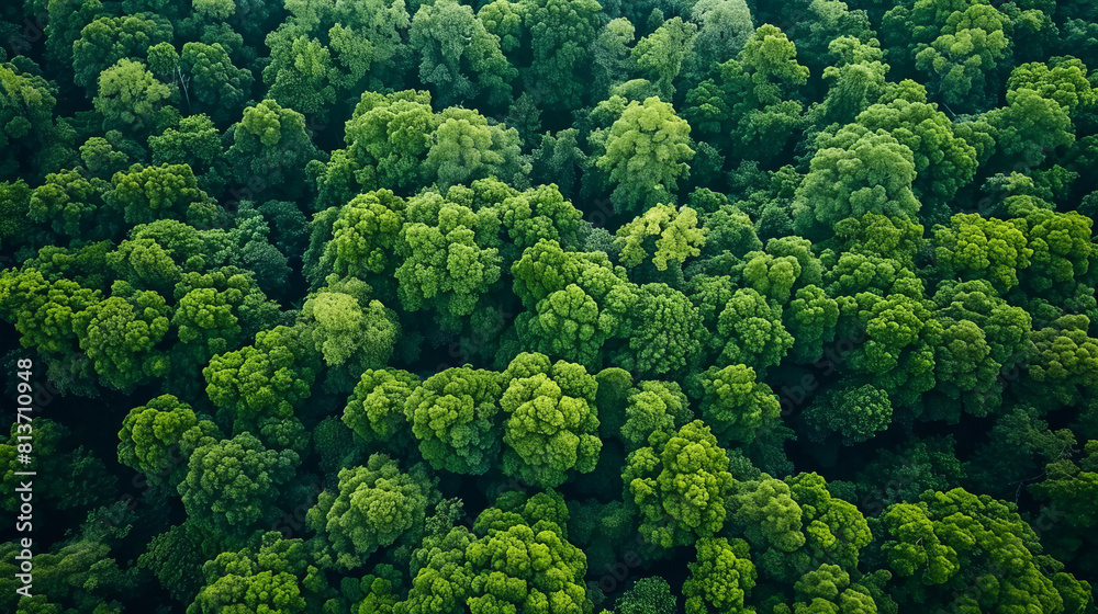 Naklejka premium Aerial view of dense, lush forest with intricate patterns of trees and clearings