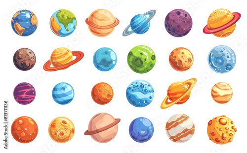 Cartoon Space Planets, Asteroids, and Moons Set. Cosmic Celestial Bodies Icons. Isolated Vector Illustrations on White Background. Simple Flat Style. Galactic Exploration, Astronomy Design