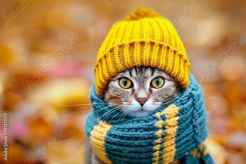 Charming cat in hat and scarf on autumn backdrop with ample room for text placement © Eva