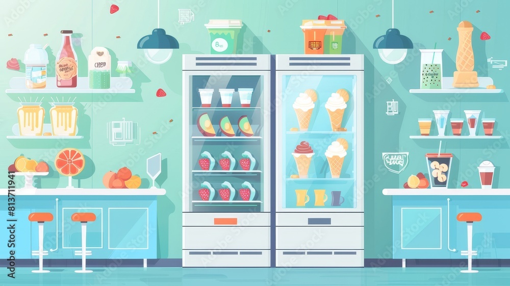 Web design with ice cream shop interior with fridge. Modern landing page with gelato in refrigerator and sundaes in freezer. Web design with ice cream shop interior with fridge. Modern landing page with gelato in refrigerator and sundaes in freezer.