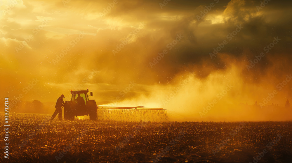 Fototapeta premium Farmer in the field. Blurred background with tractor