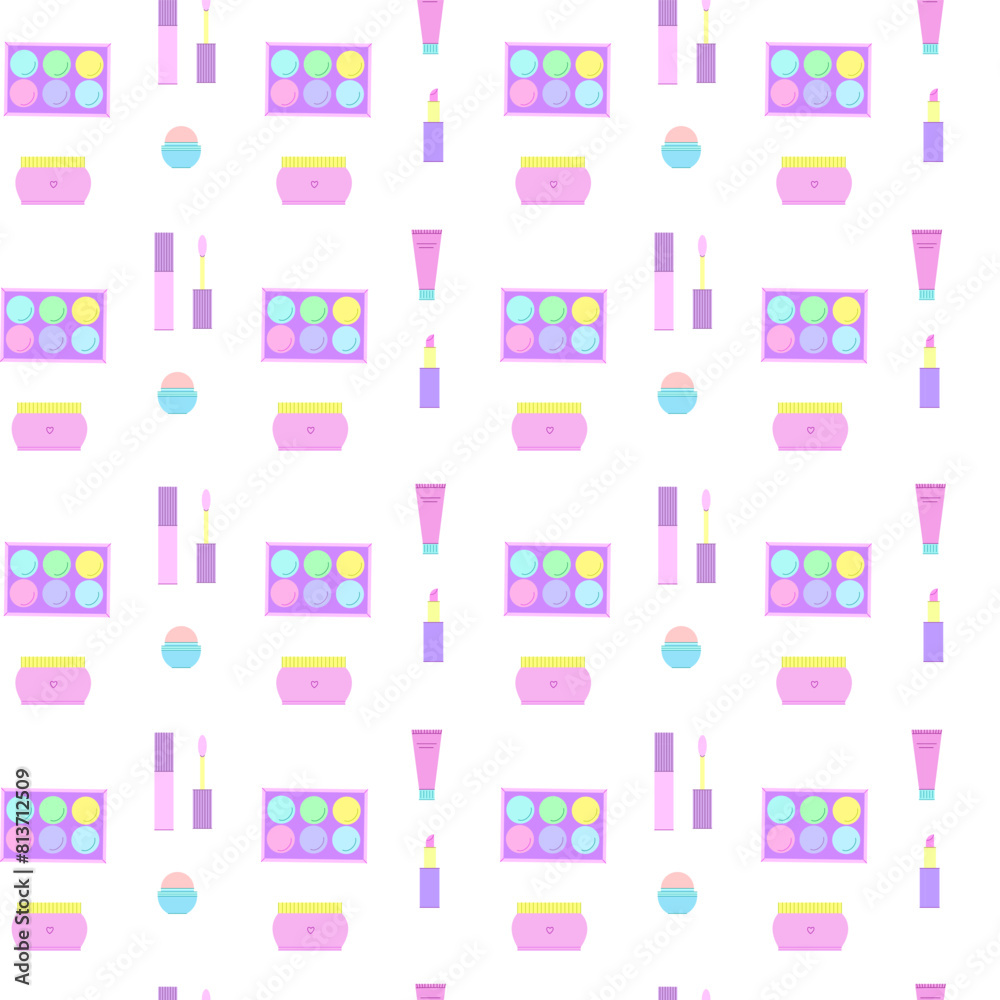 Bright seamless pattern of decorative cosmetics. Eyeshadow palette, gloss, lipstick, cream. Vector illustration Bright seamless pattern of decorative cosmetics. Eyeshadow palette, gloss, lipstick, cream. Vector illustration