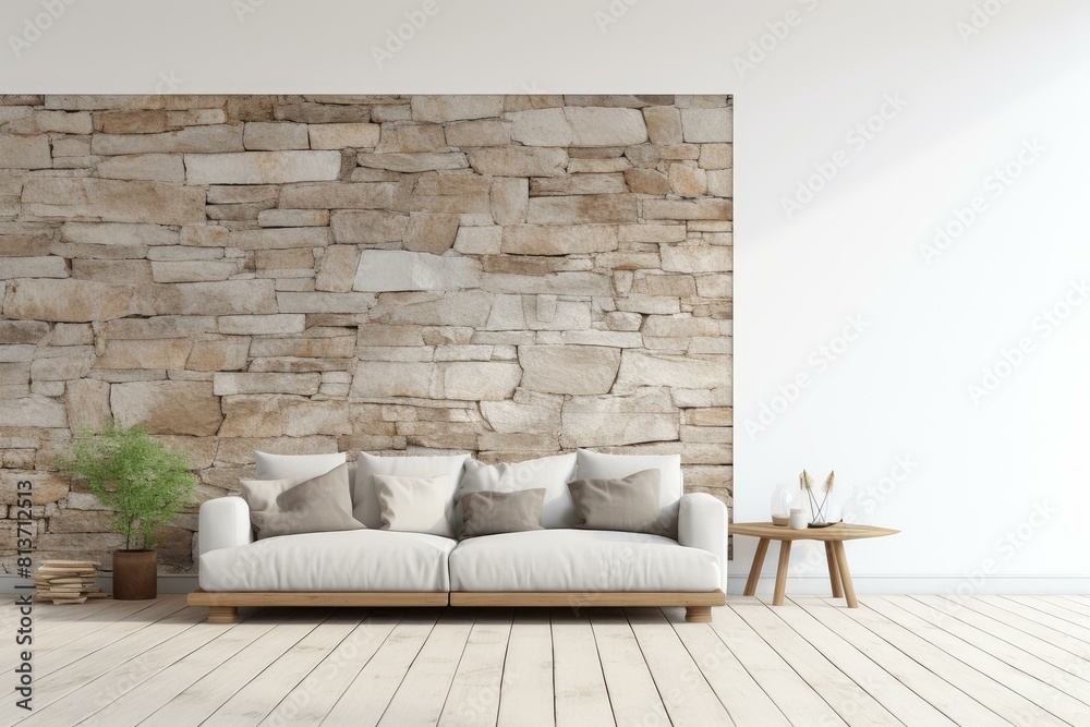 Elegant interior design featuring a comfortable sofa against a textured stone wall, with natural light Elegant interior design featuring a comfortable sofa against a textured stone wall, with natural light