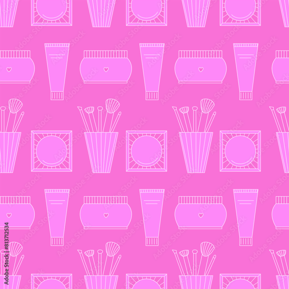 Seamless pattern of decorative cosmetics. Blush, powder, cream and makeup brushes. Vector illustration Seamless pattern of decorative cosmetics. Blush, powder, cream and makeup brushes. Vector illustration
