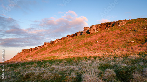 Ravensheugh Crags to the east, a popular spot with climbers this sandstone crag has 134 documented climbing routes and is located in Northumberland National Park near Simonburn, North East England