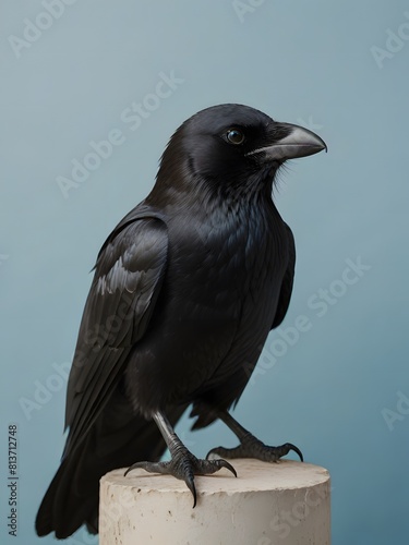 A Crow bird is sitting on a blue background. AI generated image