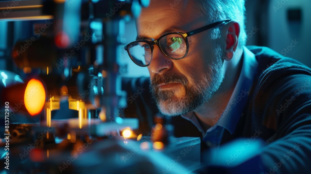 An Engineer in Glasses using Laser Equipment and Testing Optics for Accuracy Required Electronics An Engineer in Glasses using Laser Equipment and Testing Optics for Accuracy Required Electronics