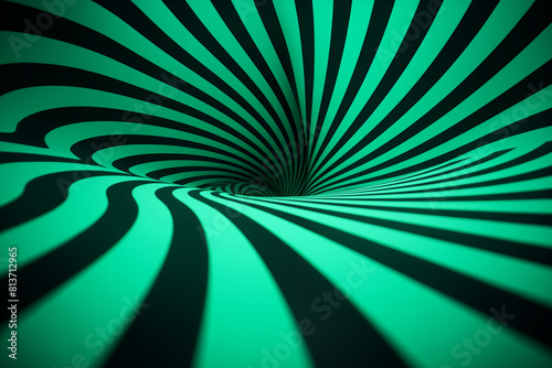 Abstract green and black striped background with an optical illusion effect, resembling the pattern of an empty tunnel or spiral vortex.