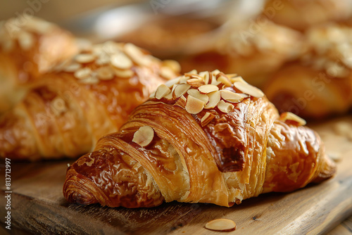 close up of a Yummy freshly golden croissant, sliced almonds, with custard filling cut, 