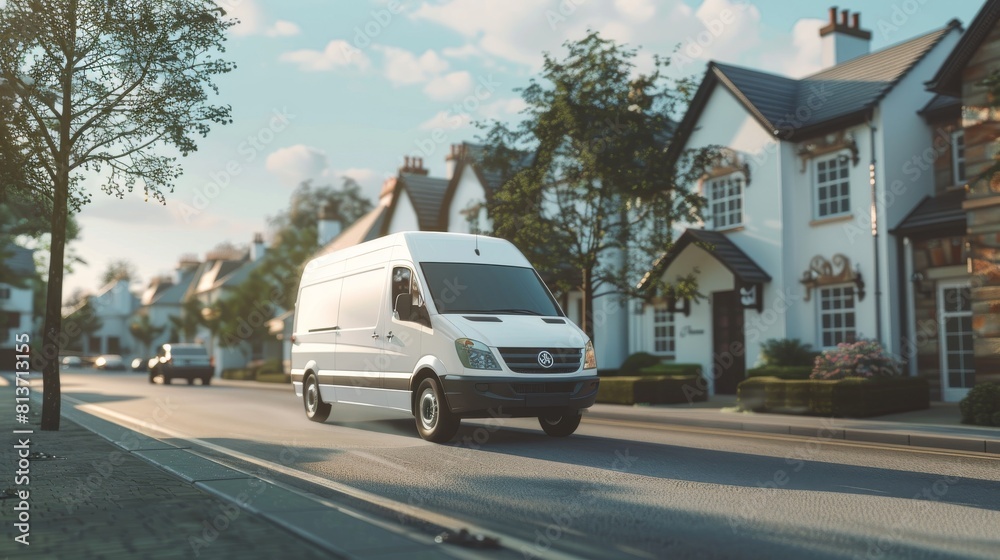 Fototapeta premium Delivery Van / Truck Driving Through Suburban Town Area, Postal Delivery Service. Front View.