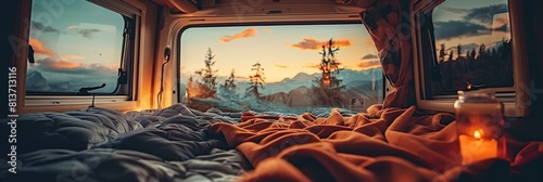 Compact motorhome bedroom interior showcasing efficient sleeping arrangements in a camper van photo