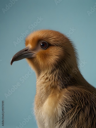 A Kiwi bird is sitting on a blue background. AI generated image