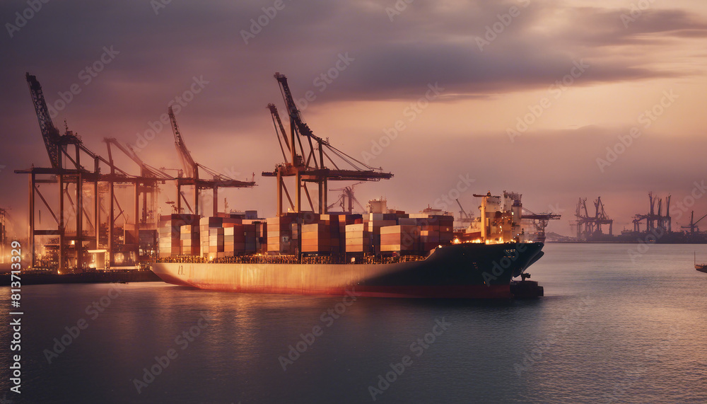 cargo ship unloading containers at the port, sunset.