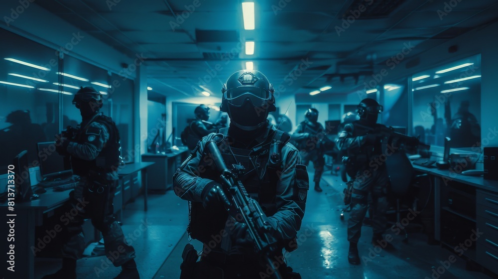 Masked SWAT officers move into a darkened building inside which computers and desks are surrounded by soldiers with rifles and flashlights. Masked SWAT officers move into a darkened building inside which computers and desks are surrounded by soldiers with rifles and flashlights.