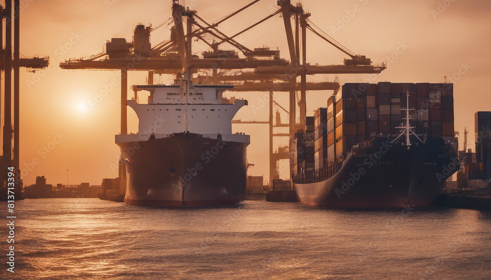 Fototapeta premium cargo ship unloading containers at the port, sunset.