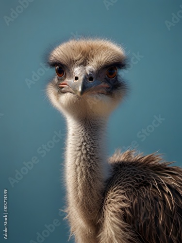 An Ostrich bird is sitting on a blue background. AI generated image